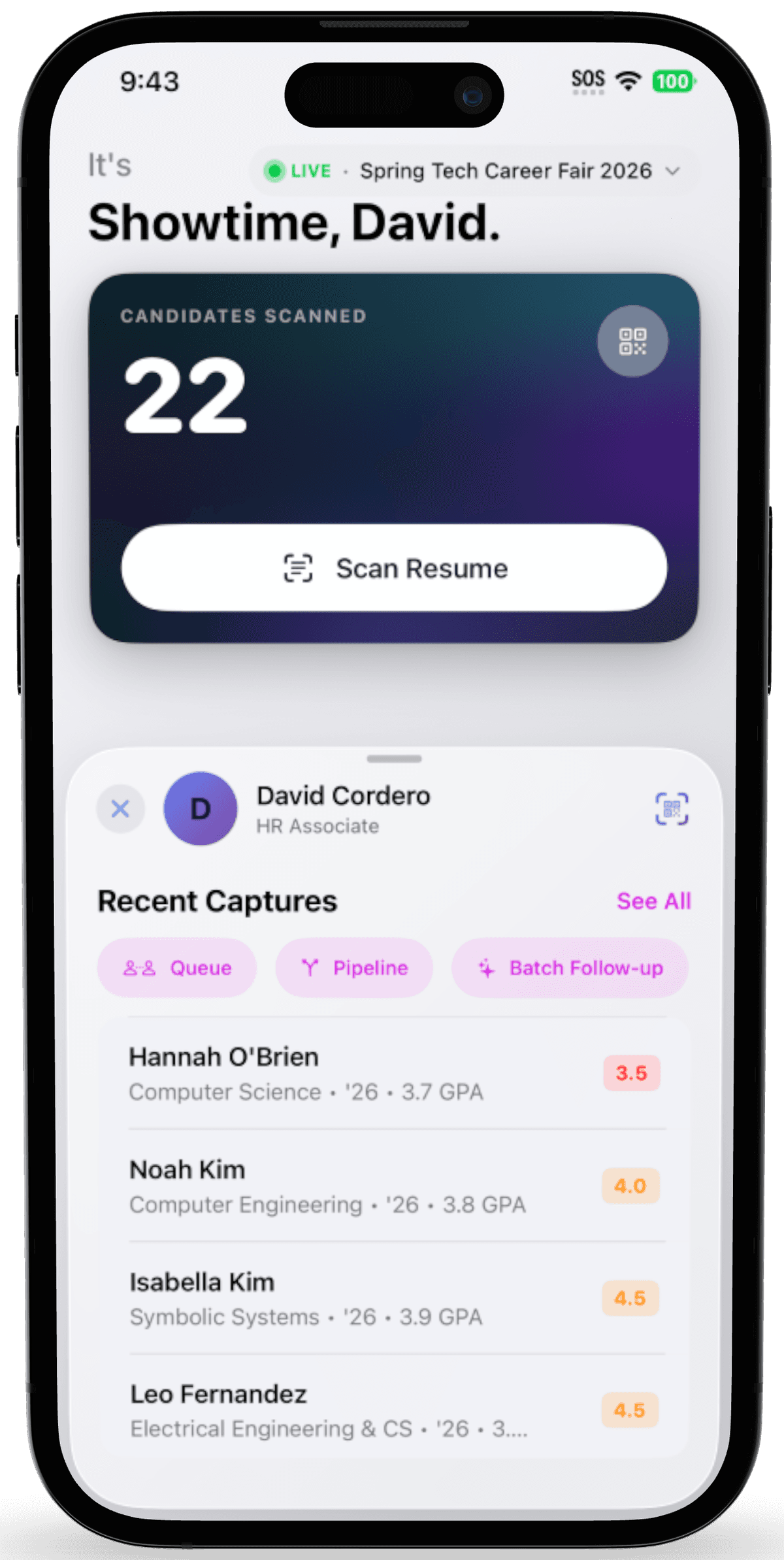 Recruiter dashboard showing candidate count + scan button