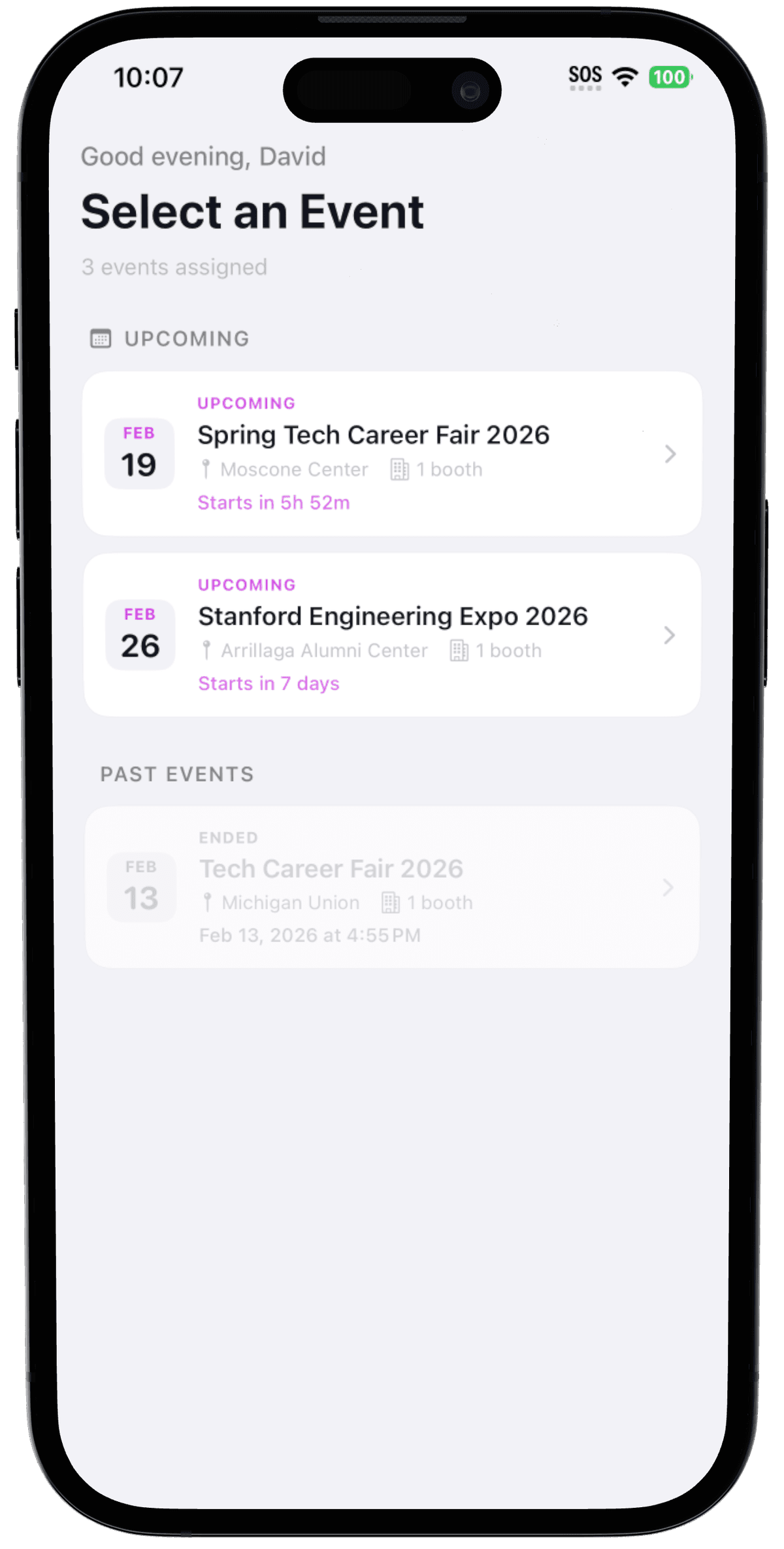 Event creation screen — name, date, open roles