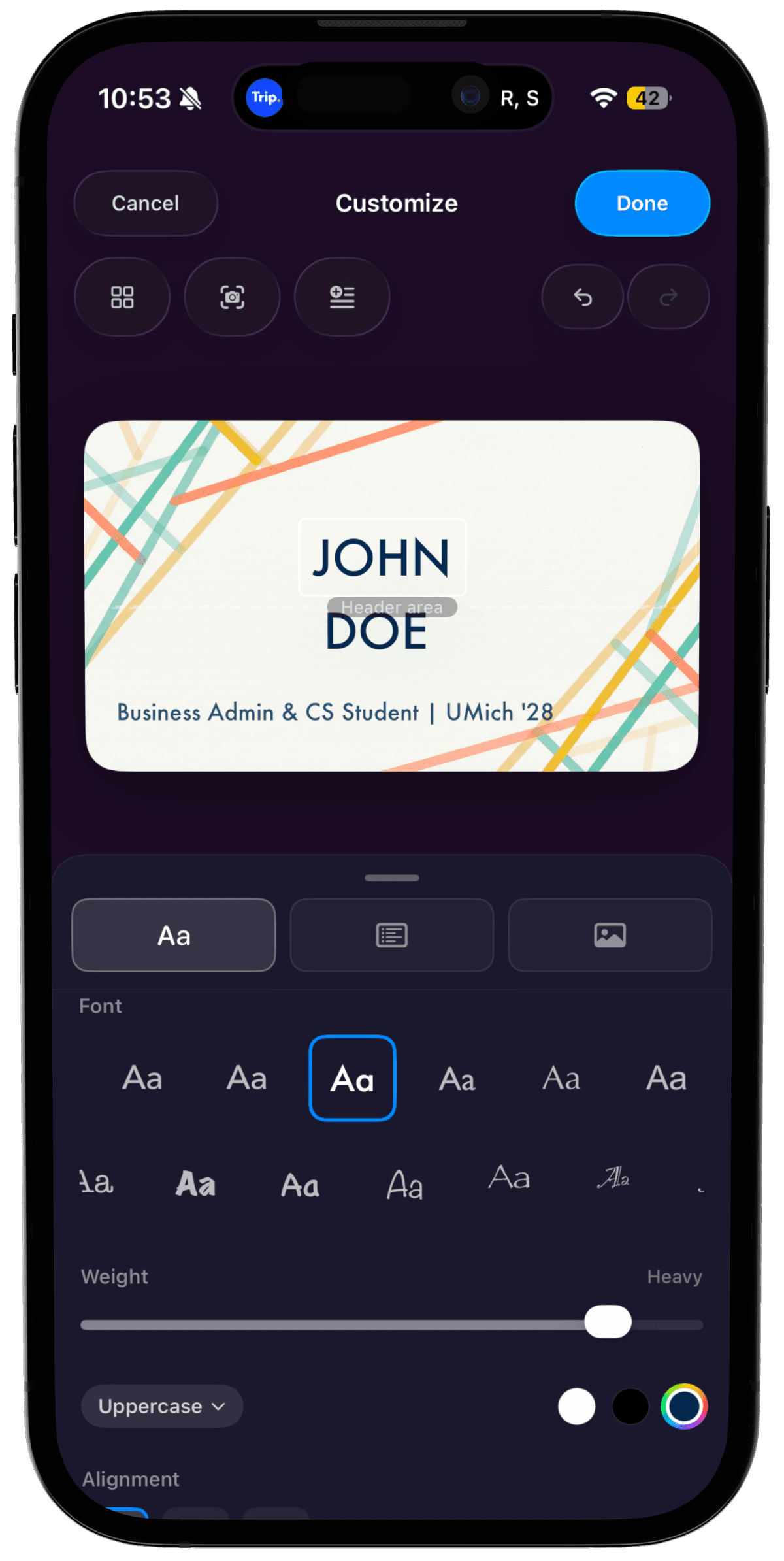 Card editor with live preview, template carousel, and color customization